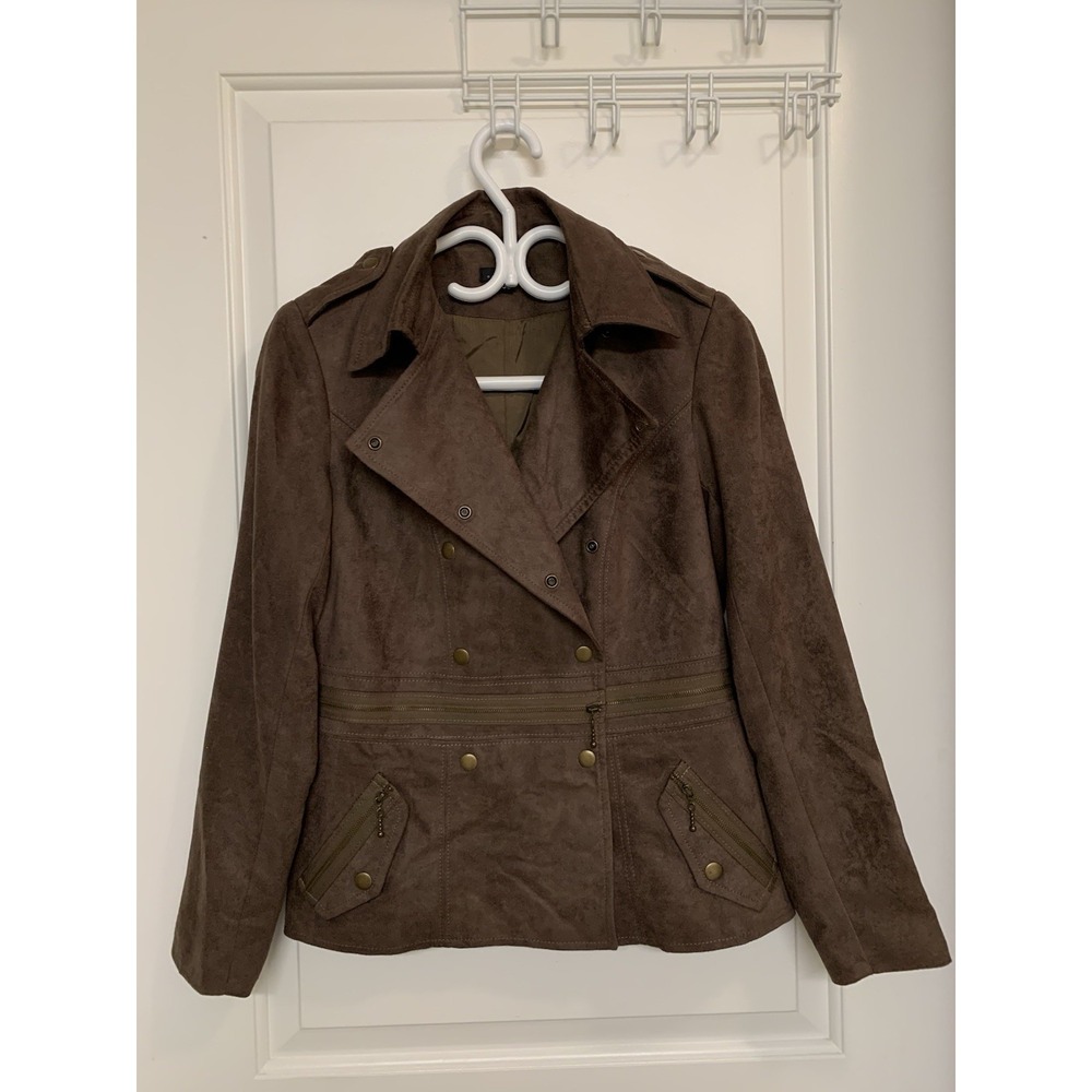 Vex Faux Suede Military Jacket Brown Size 36 Structured Shoulder Steampunk